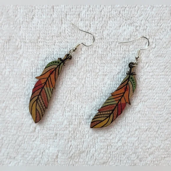 Colorful Wooden Feather Statement Dangle Earrings / Pierced - Picture 3 of 5